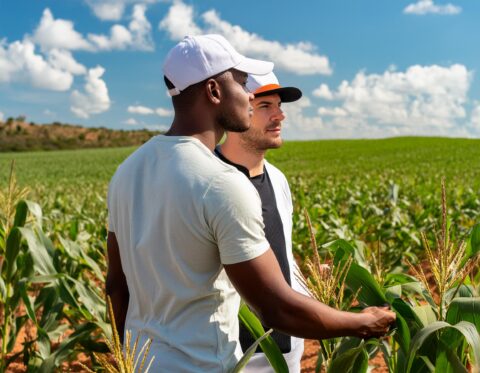 pessoas olhando cultura de soja milho e trigo no campo