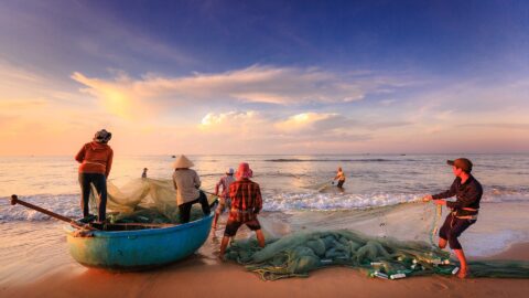 pequenos pescadores na praia puxando rede de pesca