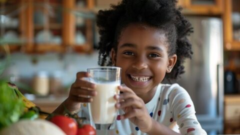 criança negra sorrindo segura copo com leite