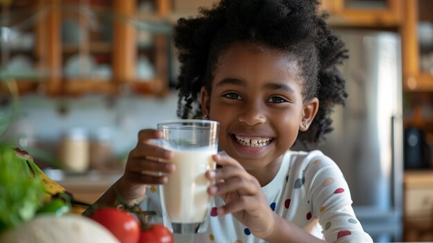 criança negra sorrindo segura copo com leite