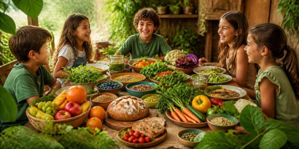 crianças felizes sentadas mesa com alimentos saudaveis